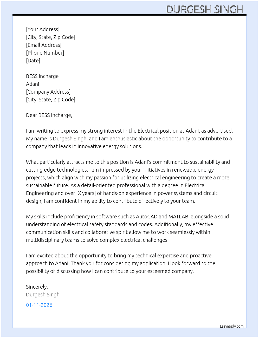 Electrical  At Adani Cover Letter
