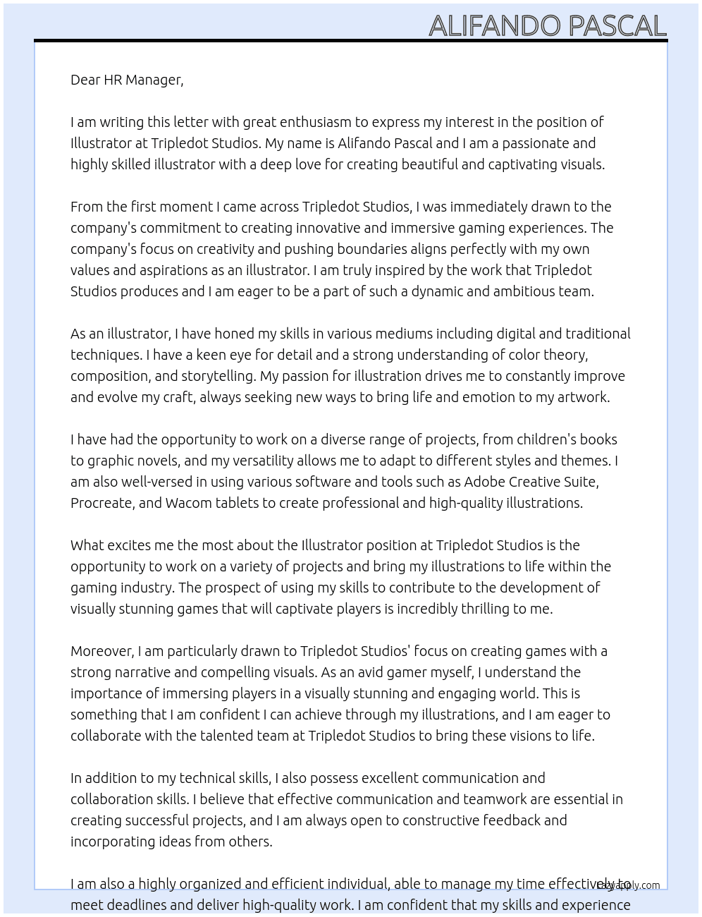 Illustrator At Tripledot Studios Cover Letter