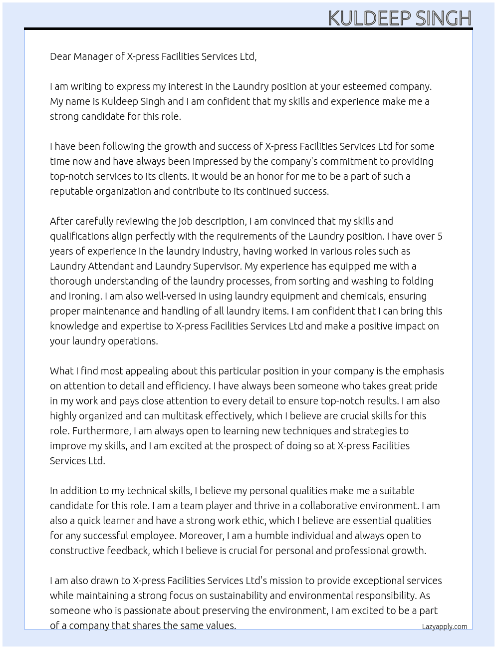 laundary At X-press Facilities Services Ltd Cover Letter