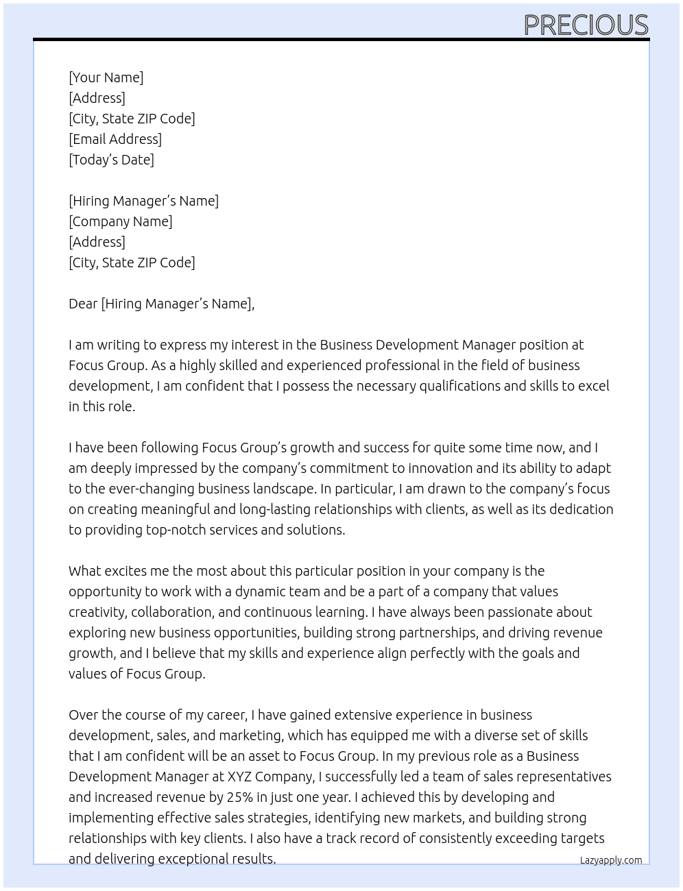 business development manager At focus group Cover Letter