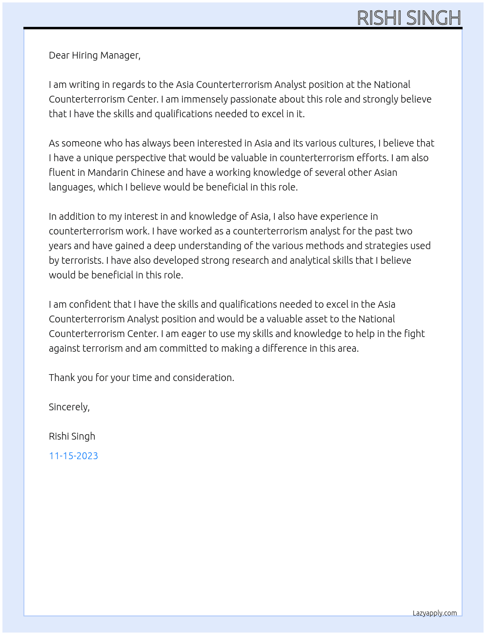 Asia Counterterrorism Analyst At National Counterterrorism Center Cover Letter