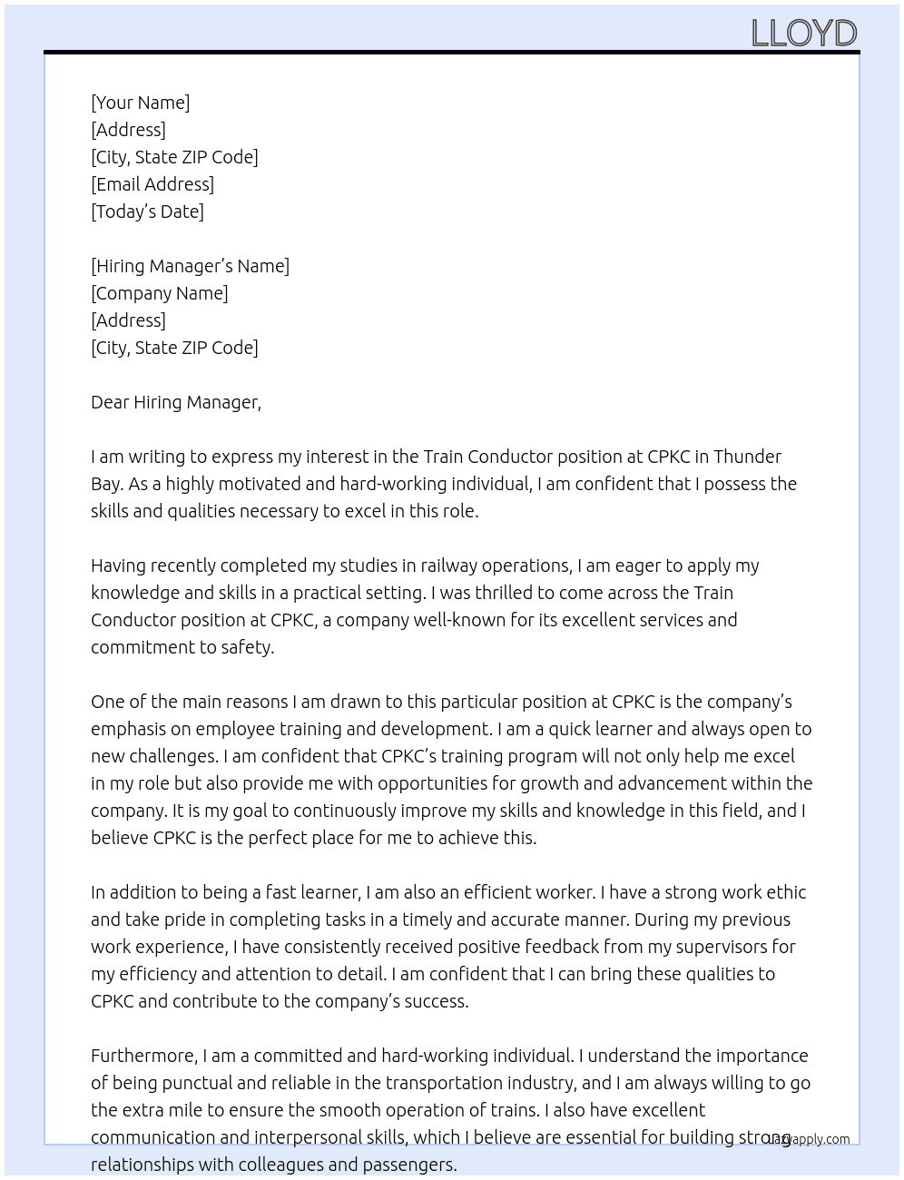 Train conductor  At CPKC Cover Letter