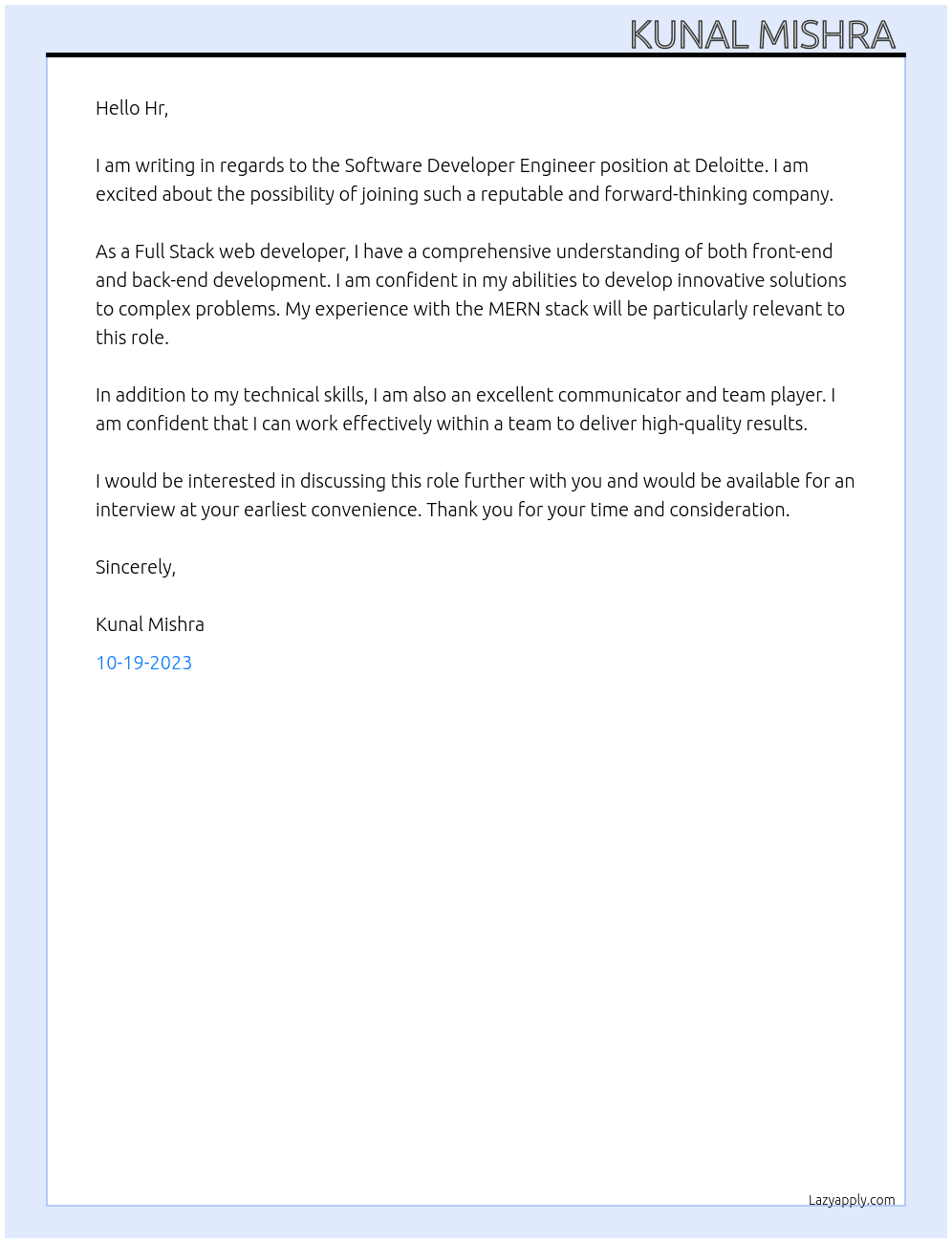 Software developer engineer  At Deloitte  Cover Letter