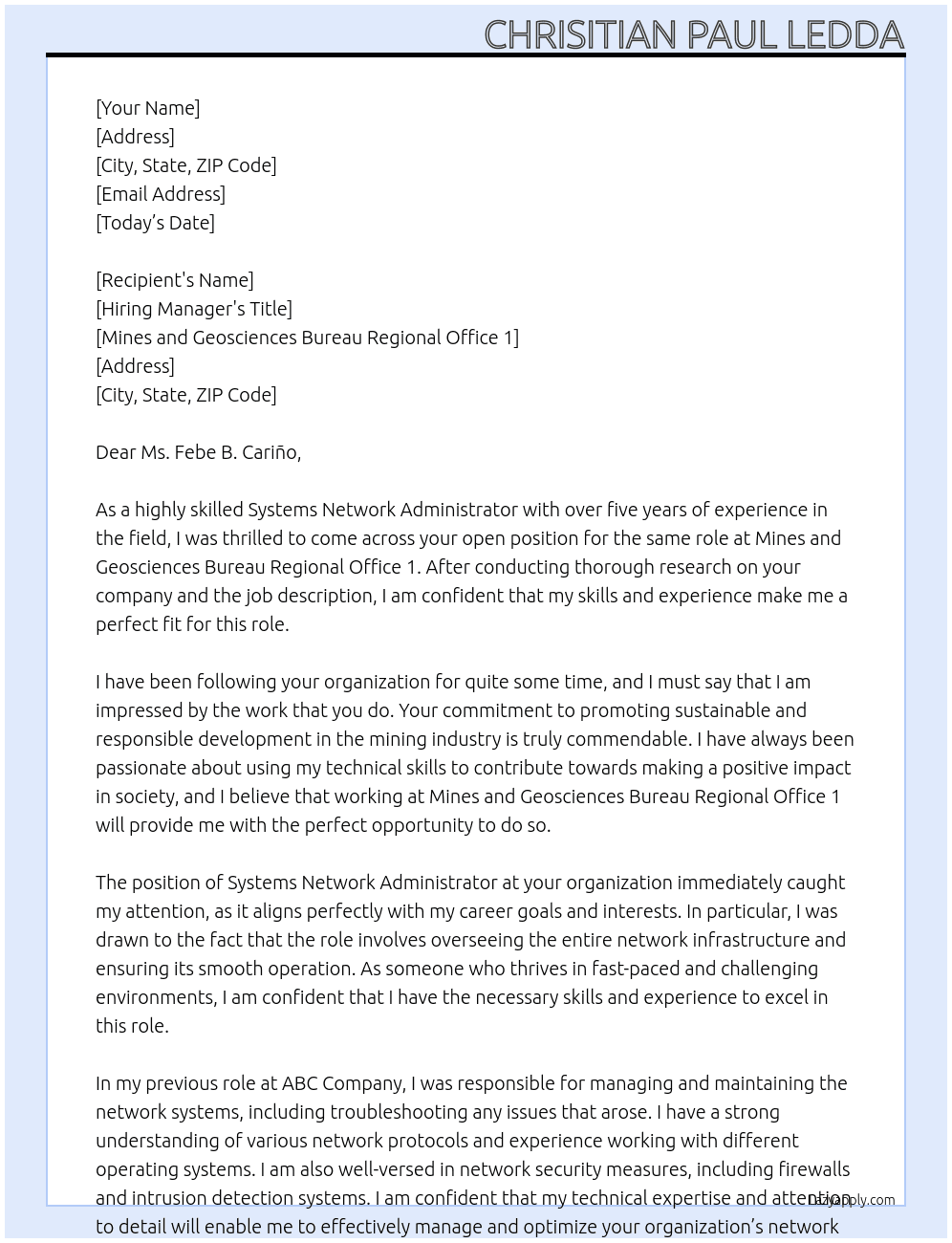 Systems Network Administrator At Mines and Geosciences Bureau Regional Office 1, Cover Letter