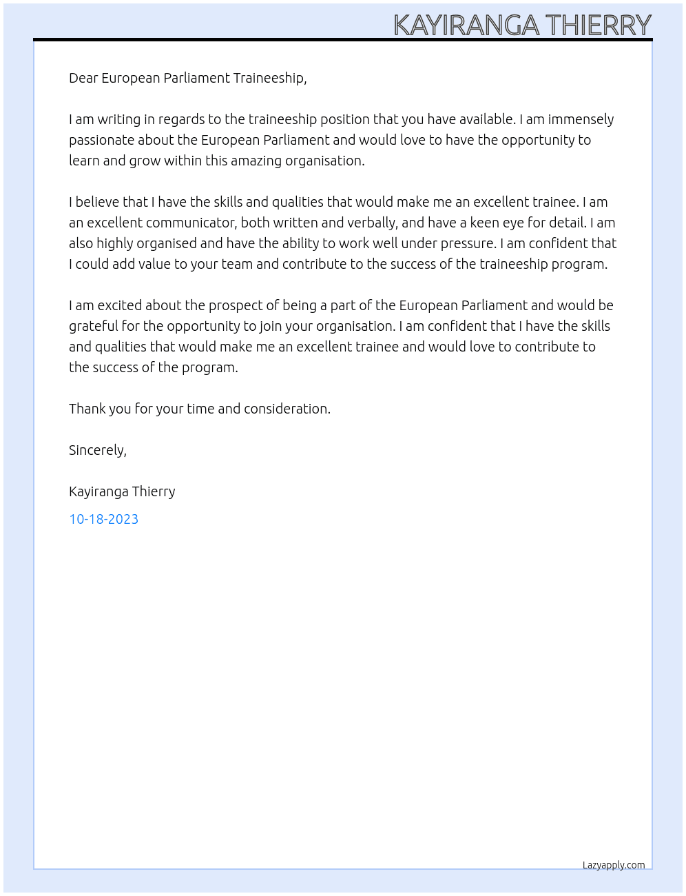 training program At European parliament traineeship Cover Letter