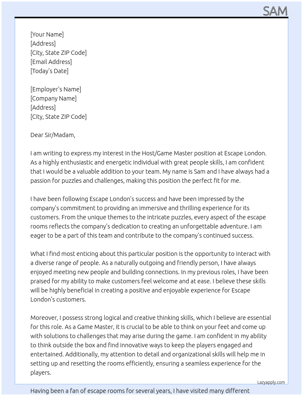 Host/Game Master At Escape London Cover Letter