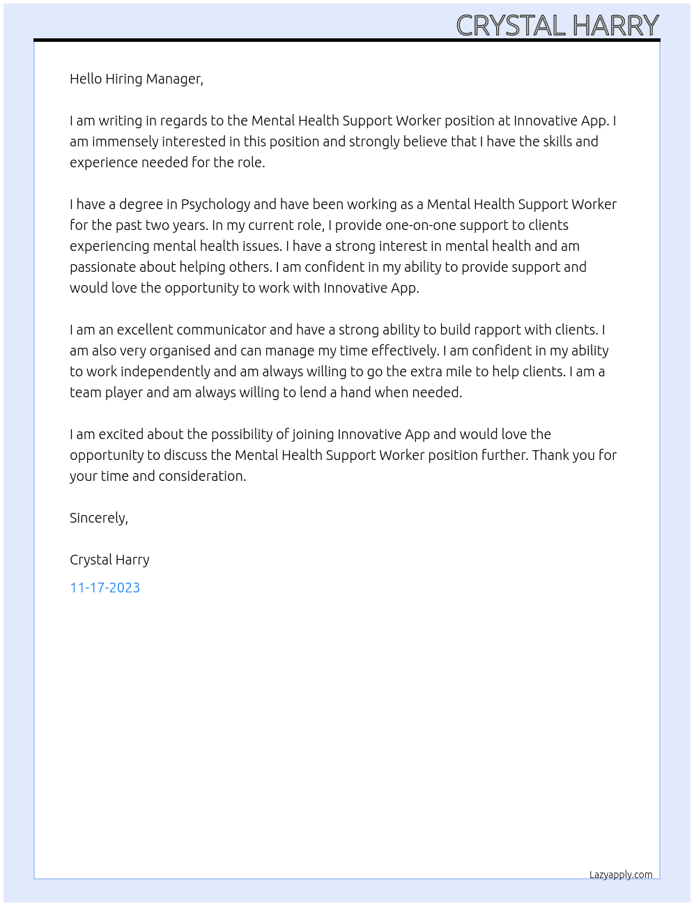 Mental Health Support Worker - Innovative App At Suitsme Cover Letter