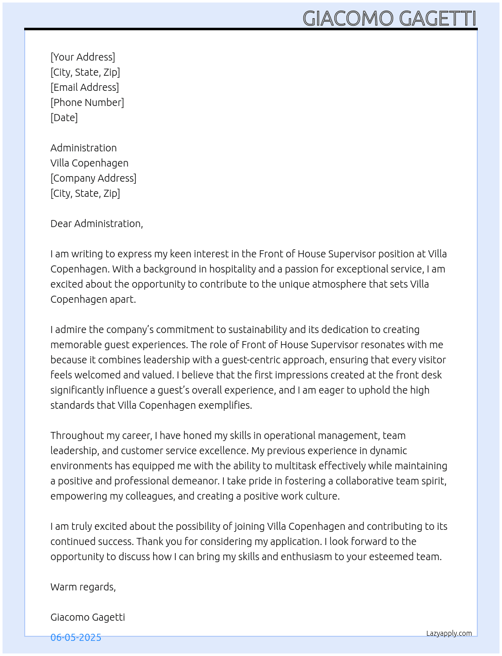 Front of house supervisor  At Villa Copenhagen  Cover Letter