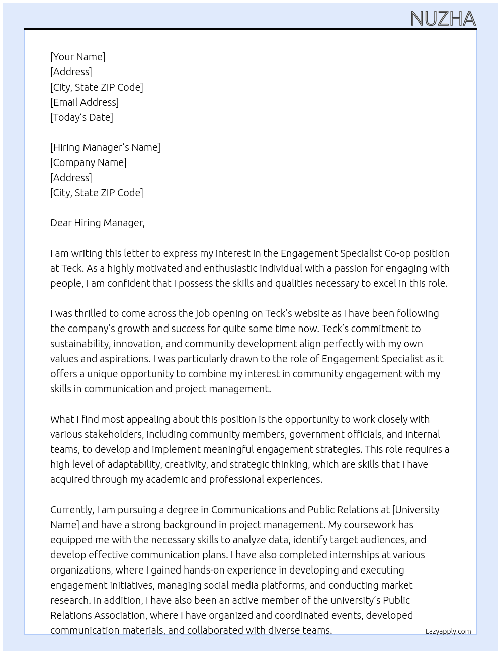 Engagement Specialist Co-op At Teck Cover Letter