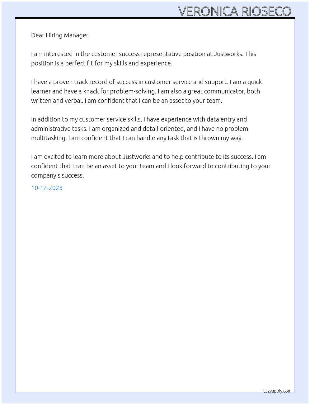 customer success representative  At Justworks Cover Letter