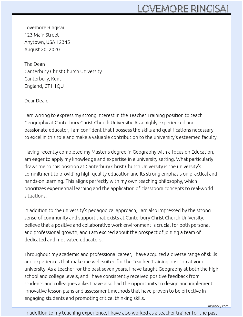 Teacher Training to teach Geography At Canterbury Christ Church University Cover Letter