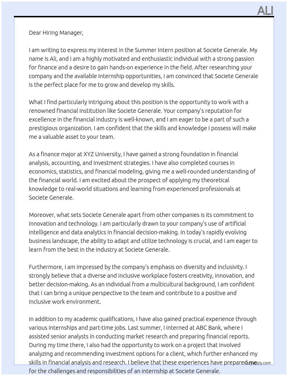 Summer Intern  At Societe Generale Cover Letter