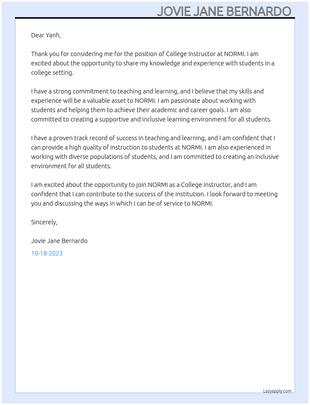 College Instructor  At NORMI Cover Letter