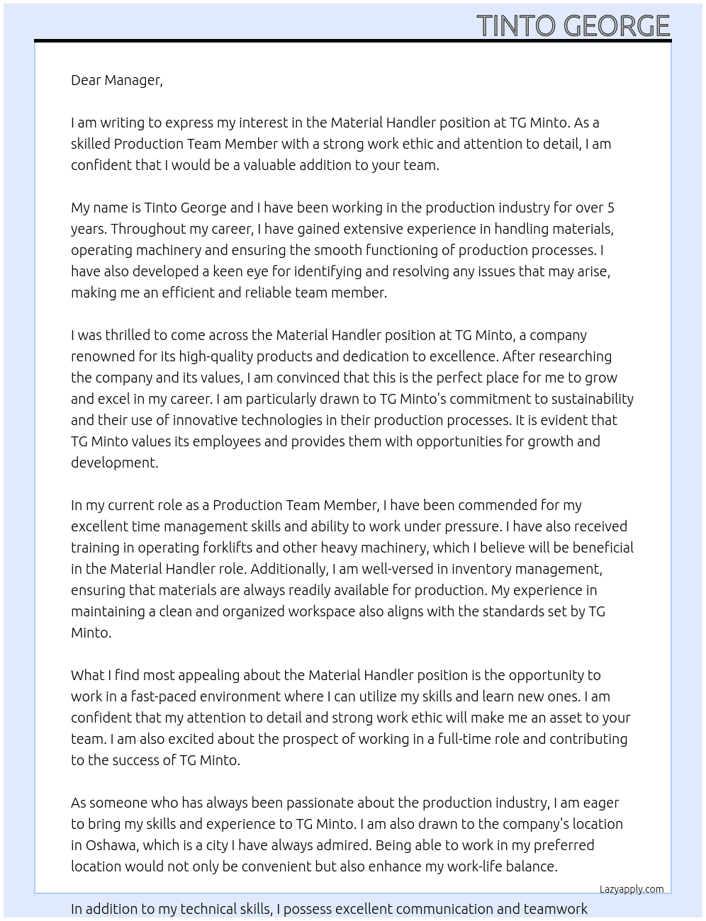 Material Handler At TG Minto Cover Letter