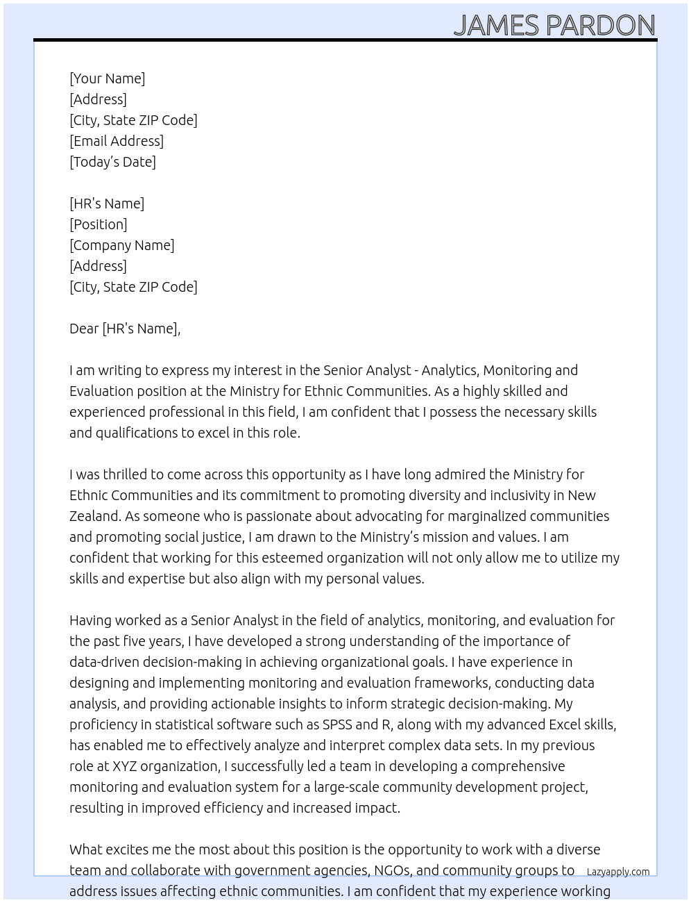  Senior Analyst - Analytics, Monitoring and Evaluation At Ministry for Ethnic Communities Cover Letter