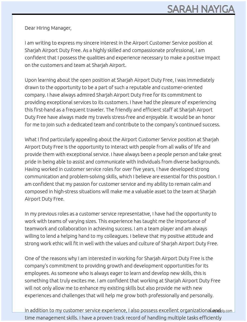 Airport customer service  At Sharjah Airport Duty Free Cover Letter