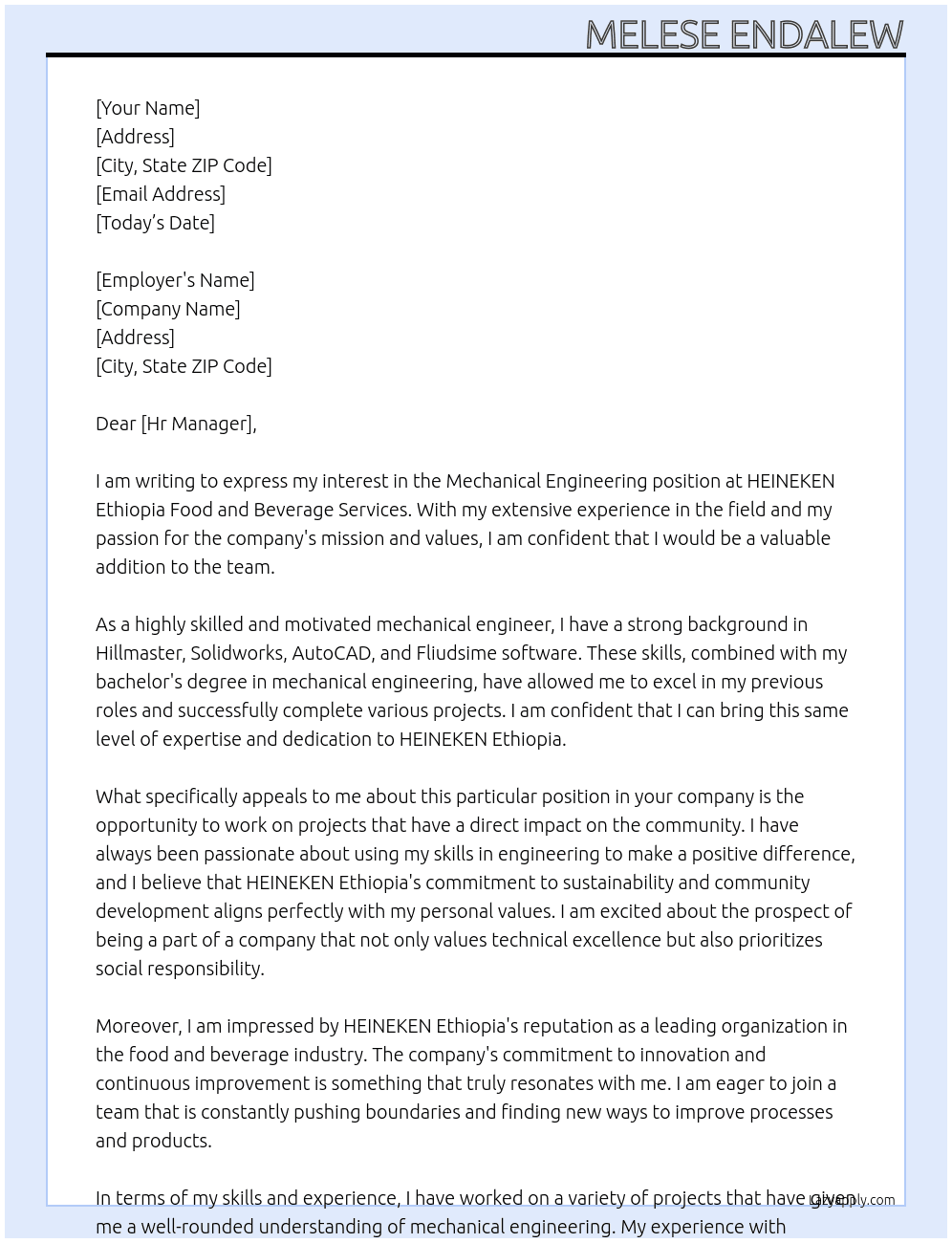 mechanical engineering At HEINEKEN Ethiopia Food and Beverage Services Cover Letter