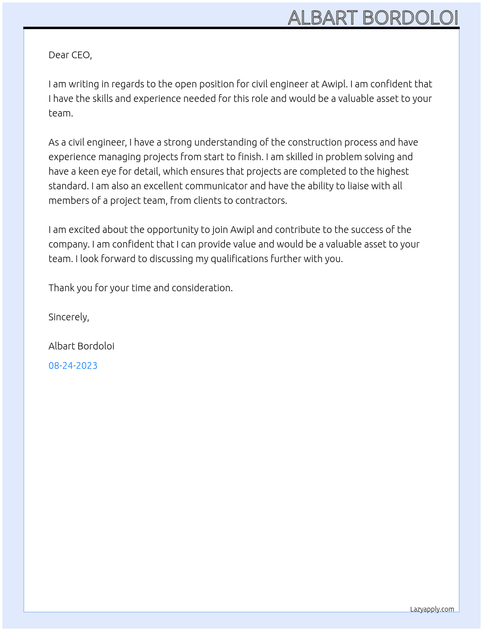 Civil engineer  At Awipl Cover Letter