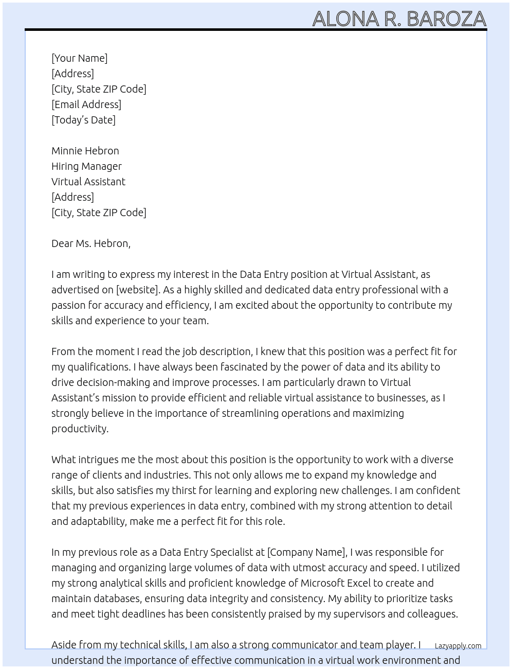 DATA ENTRY At VIRTUAL ASSISTANT Cover Letter