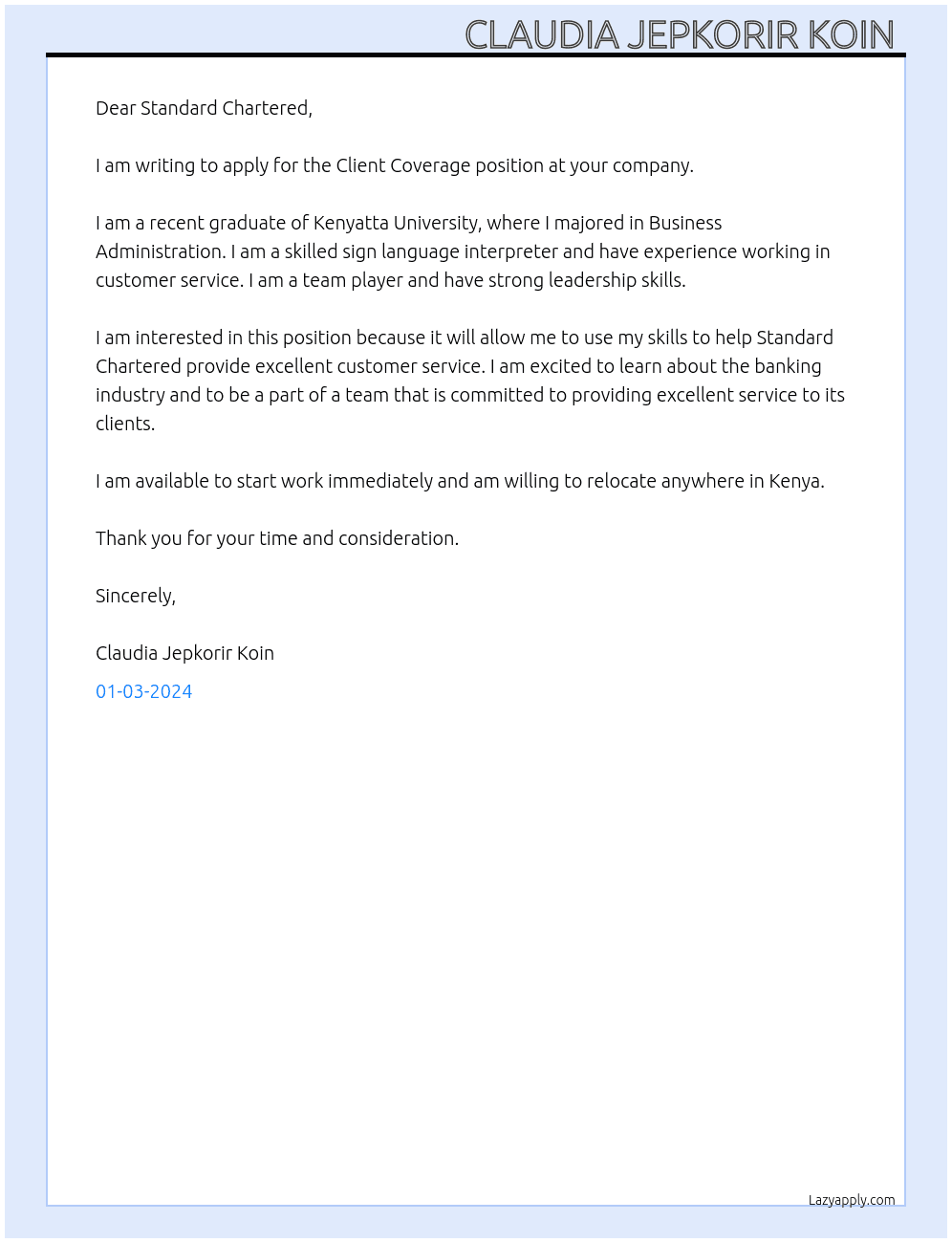 Client Coverage  At Standard Chartered  Cover Letter