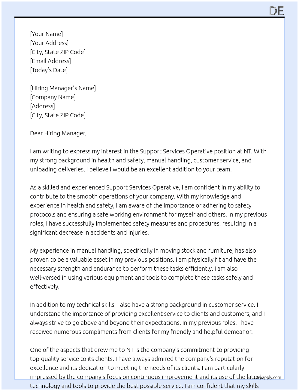 support services operative At NT Cover Letter