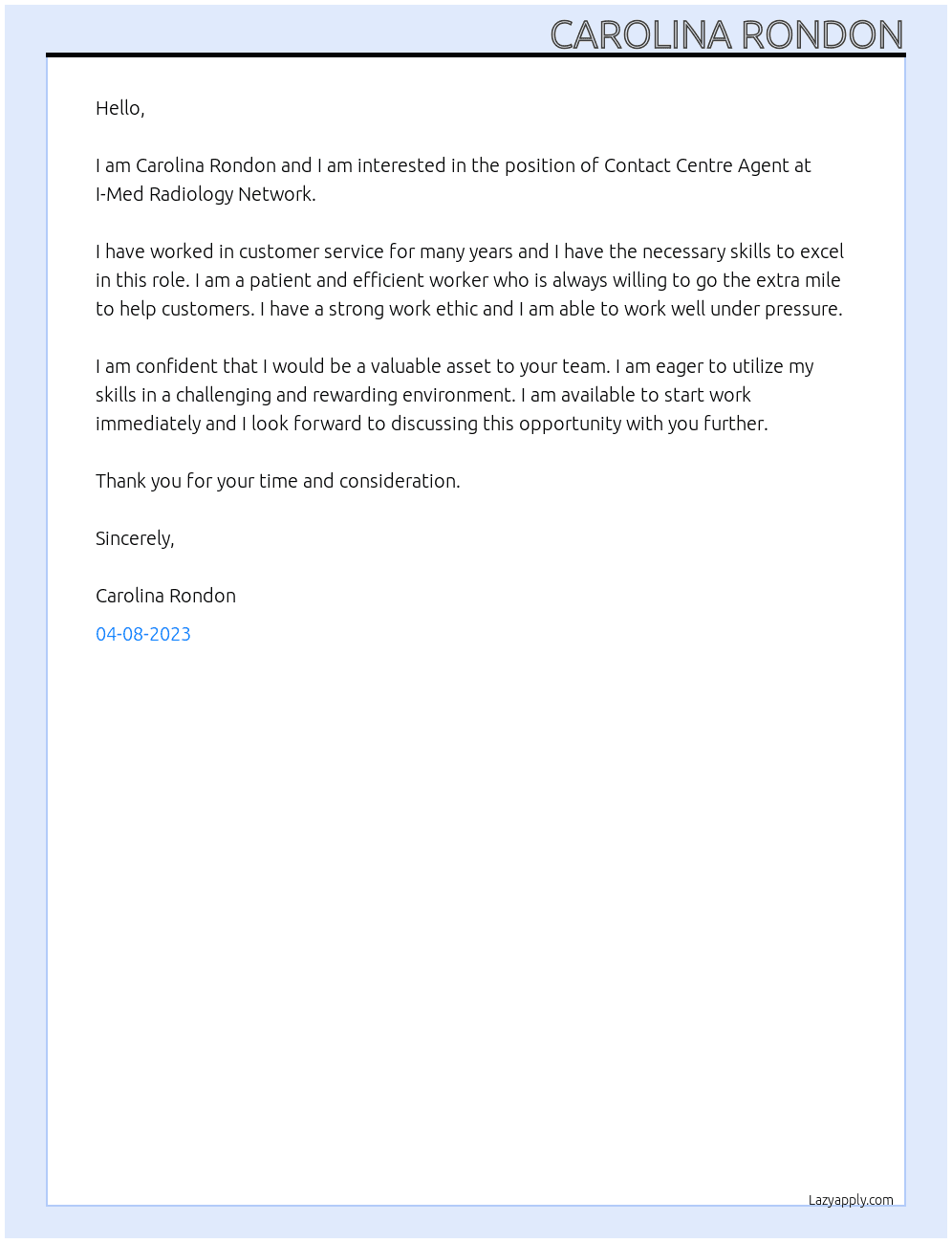 Contact Centre Agent At I-Med Radiology Network Cover Letter