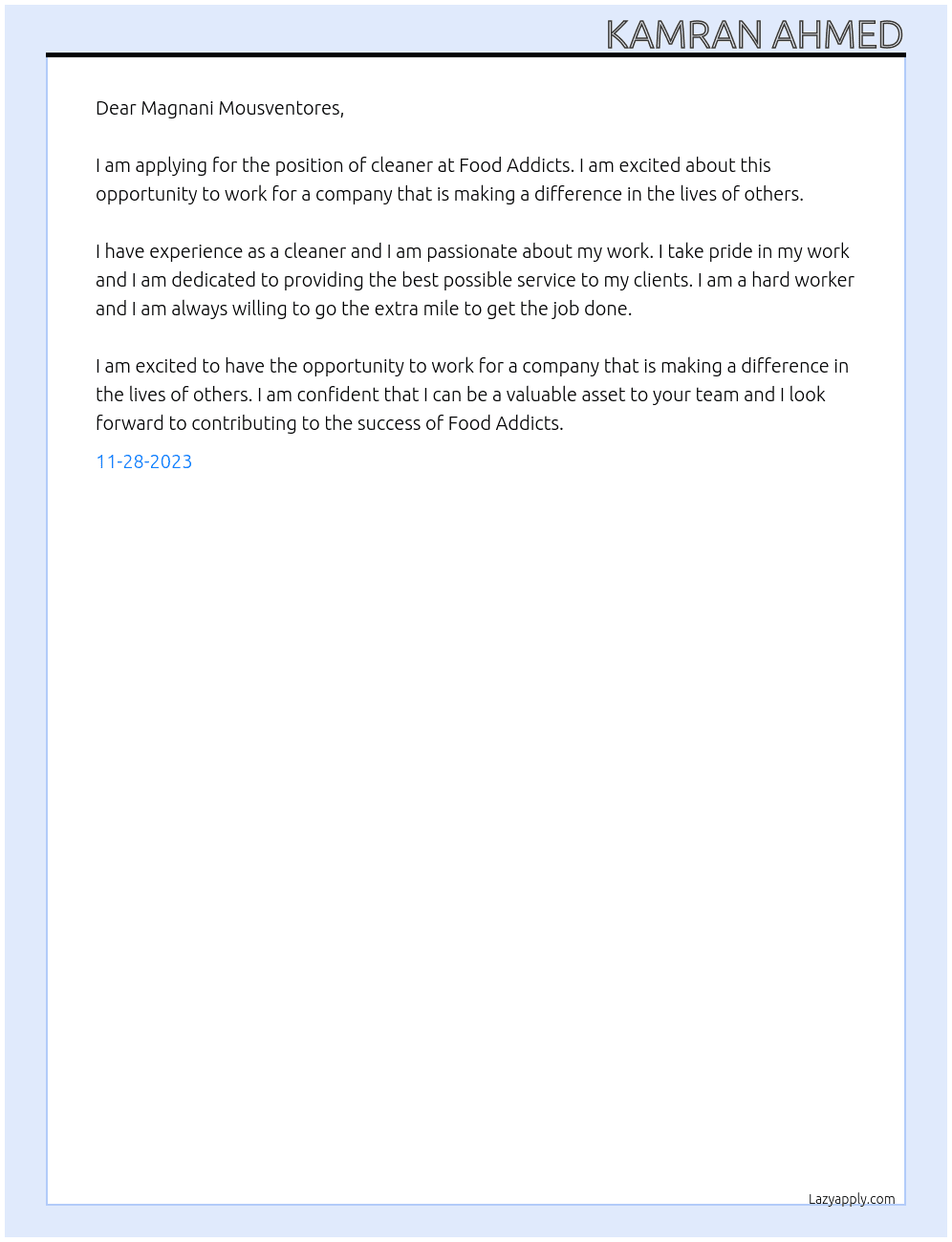 cleaner  At Food addicts  Cover Letter