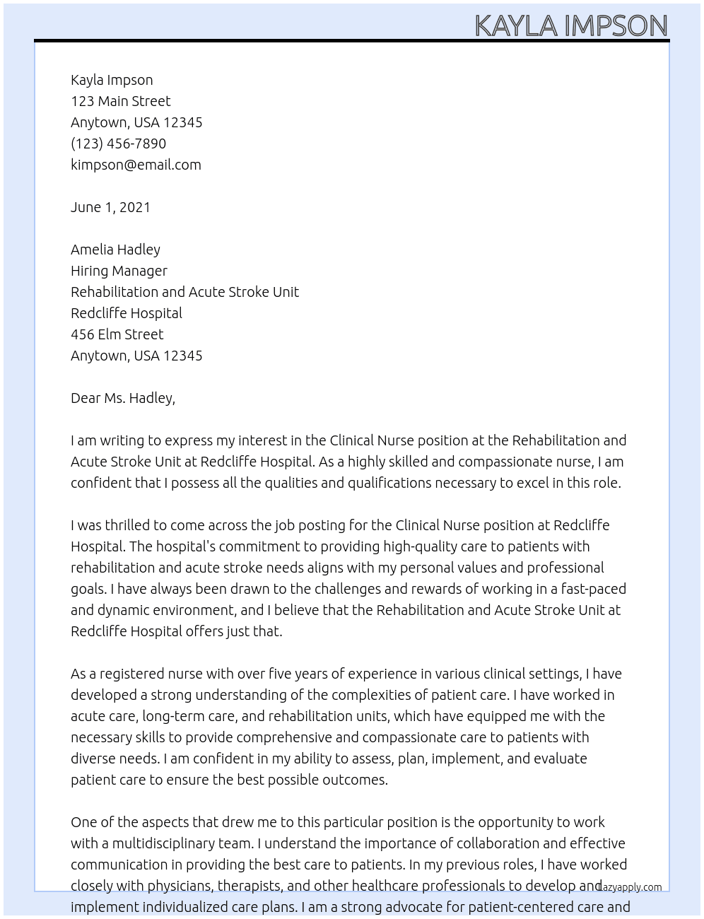 Clincal Nurse At Rehabilitation and Acute Stroke Unit at Redcliffe Hospital Cover Letter