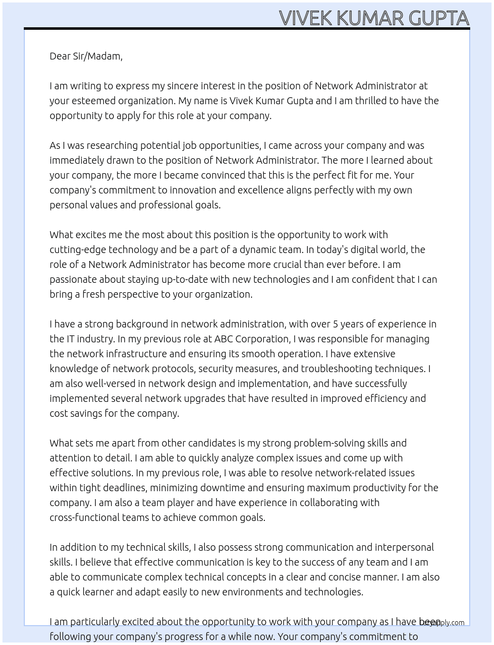 Network administrator At sir/madam Cover Letter