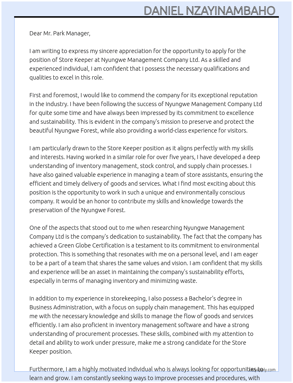 Store keeper  At Nyungwe Management Company Ltd Cover Letter