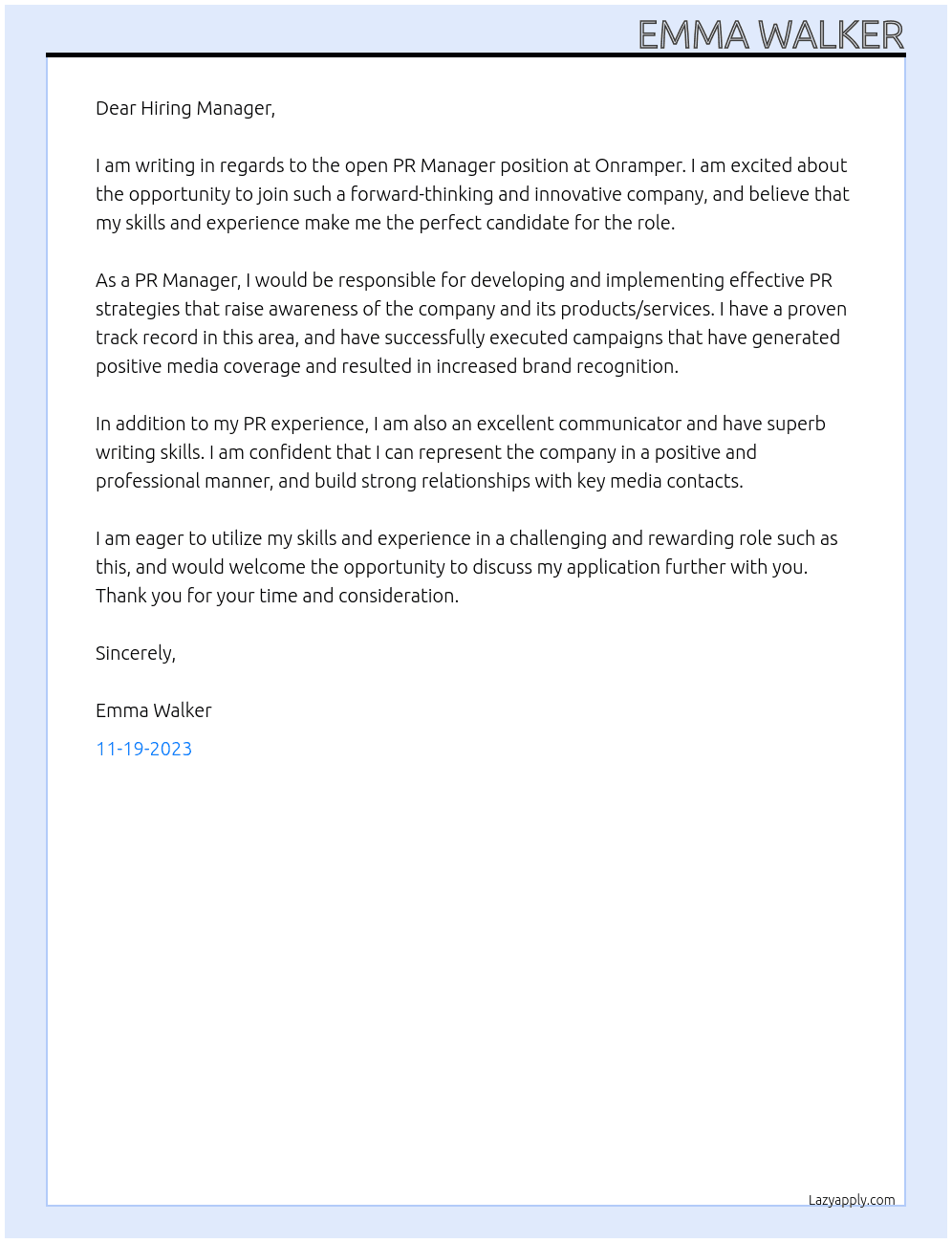 PR Manager At Onramper Cover Letter
