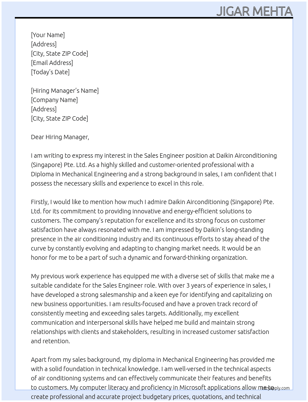 Sales Engineer At Daikin Airconditioning (Singapore) Pte. Ltd. Cover Letter