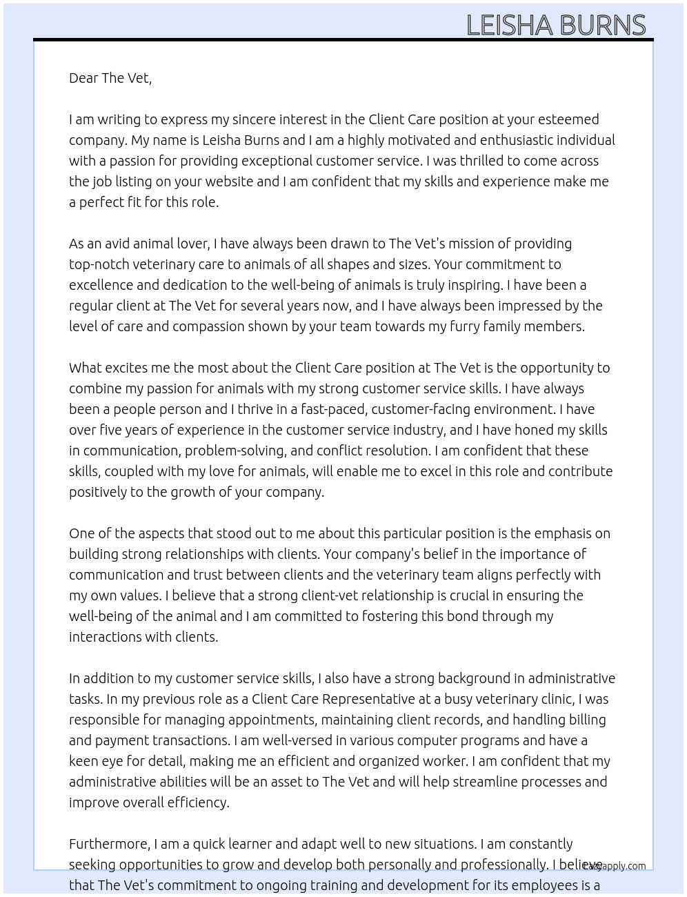 Client Care At The Vet Cover Letter
