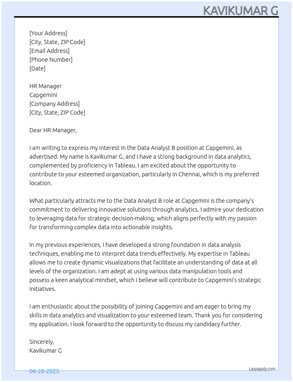 Data Analyst B At cap Gemini Cover Letter