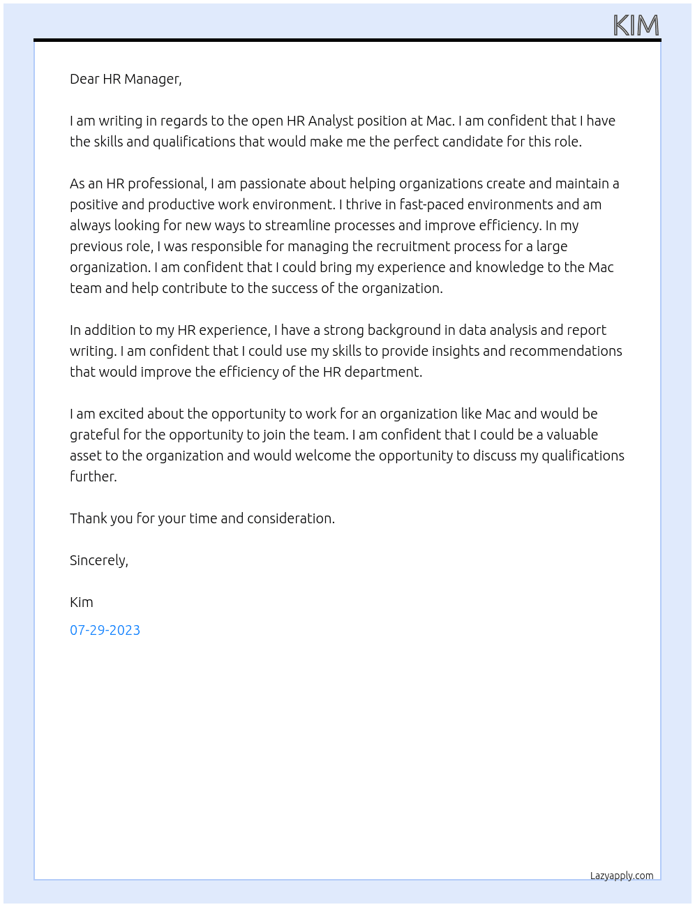 HR Analyst At Mac Cover Letter