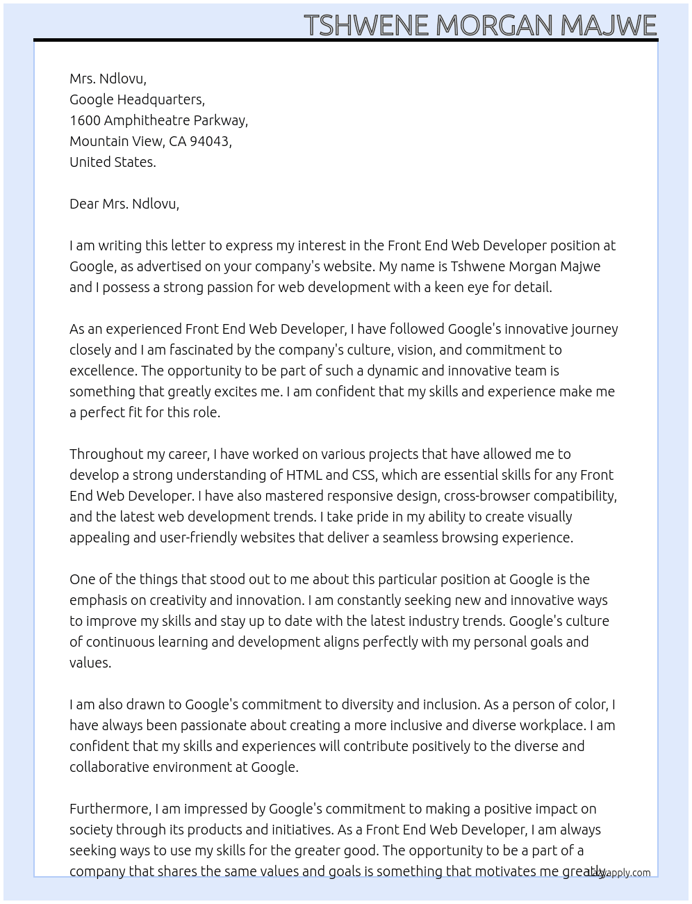Front end web developer  At Google  Cover Letter