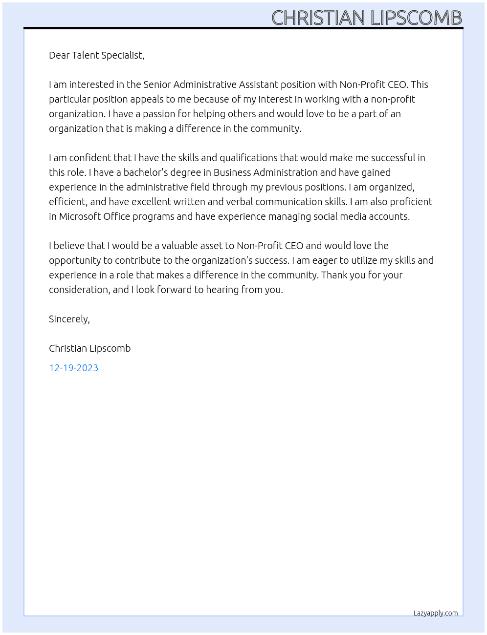 Senior Administrative Assistant At Non- Profit CEO Cover Letter