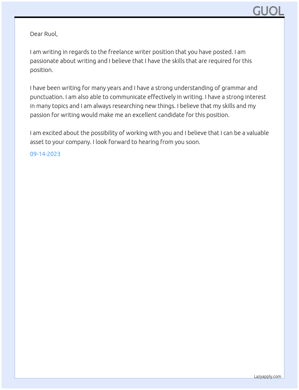 Freelance writer At Ruol Cover Letter