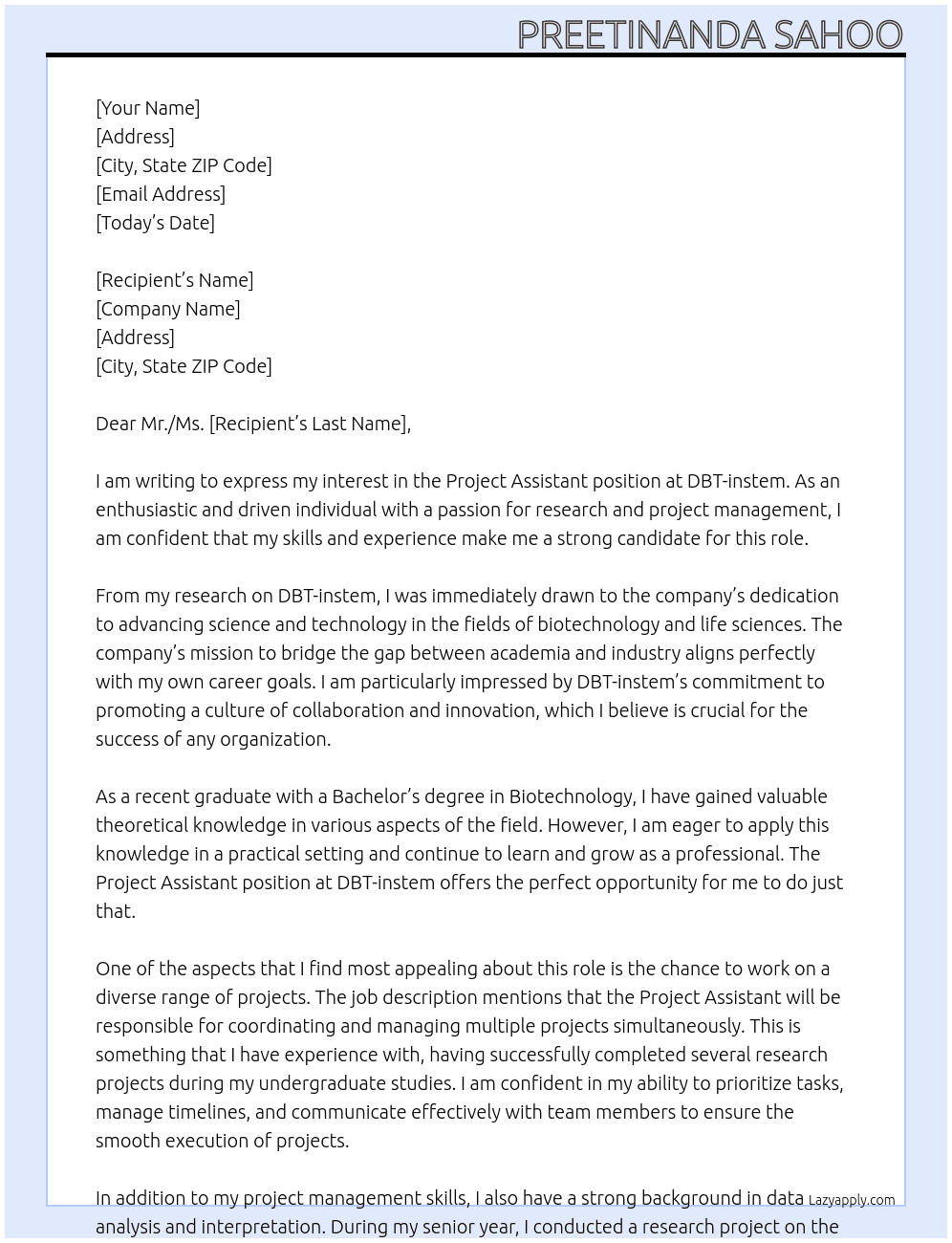 Project Assistant At DBT-instem Cover Letter
