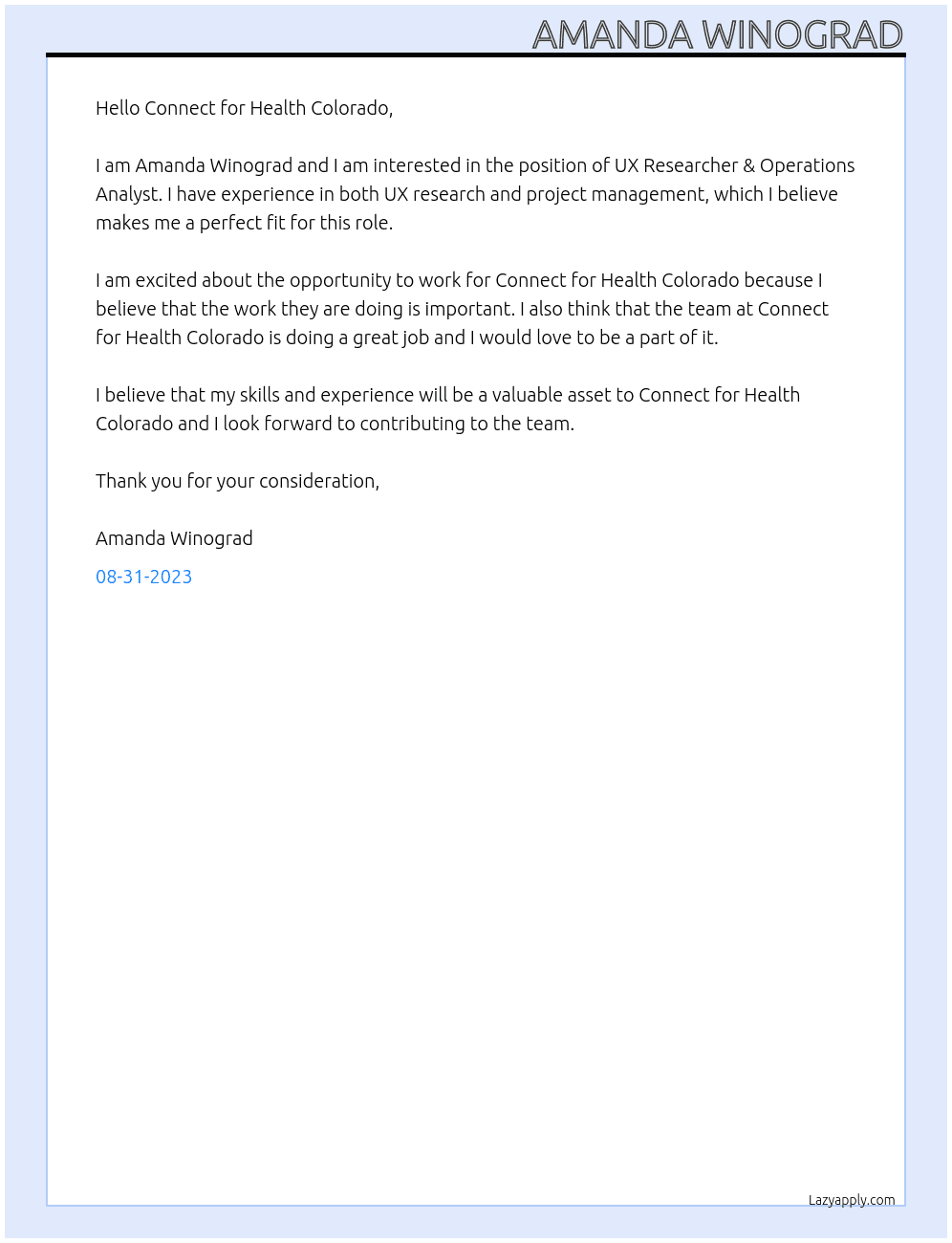 UX Researcher & Operations Analyst At Connect for Health Colorado Cover Letter