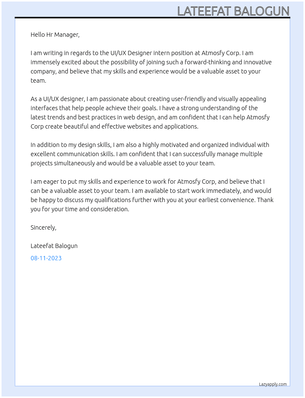 UI/UX Designer intern At Atmosfy Corp Cover Letter