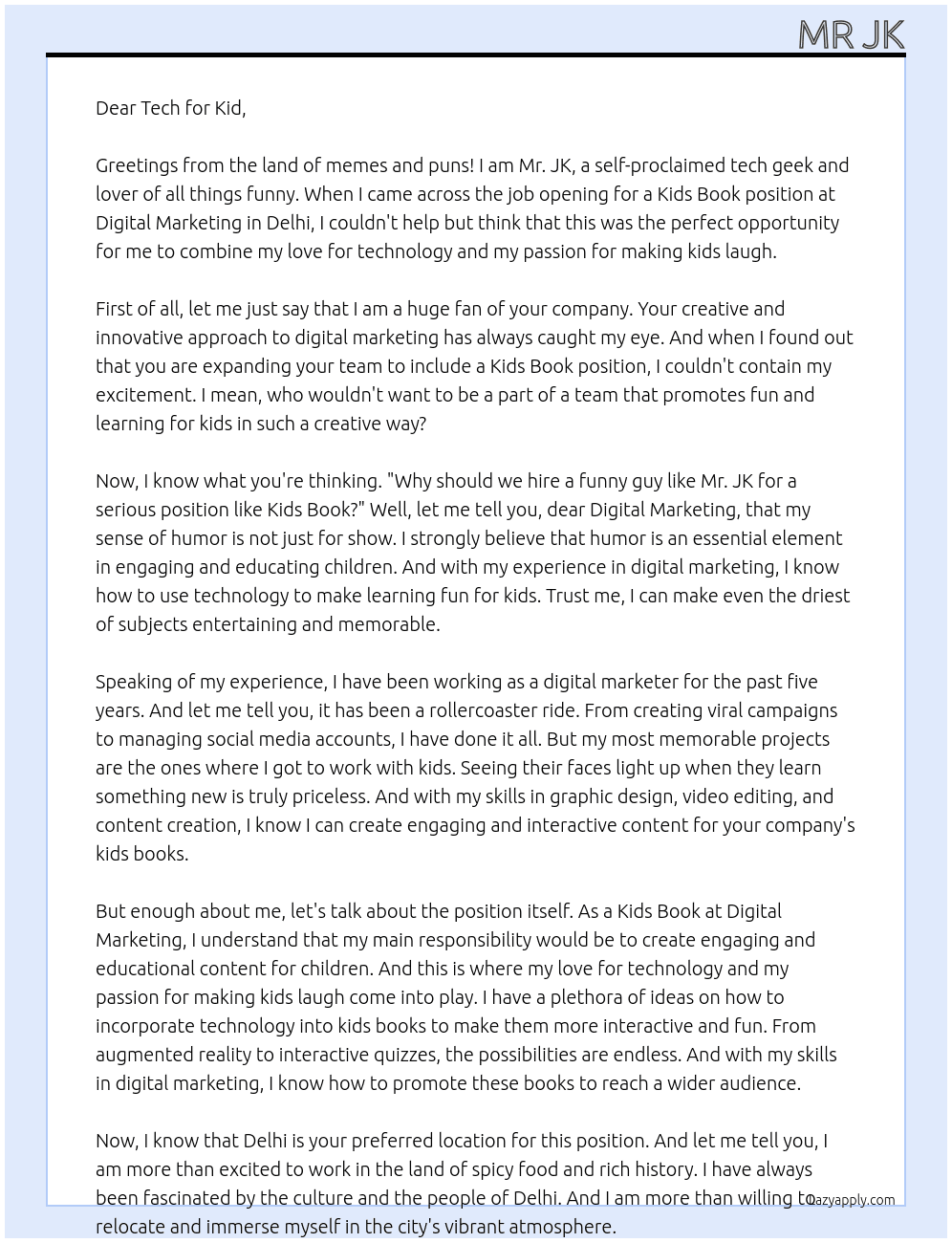 Kids book At Digital marketing  Cover Letter