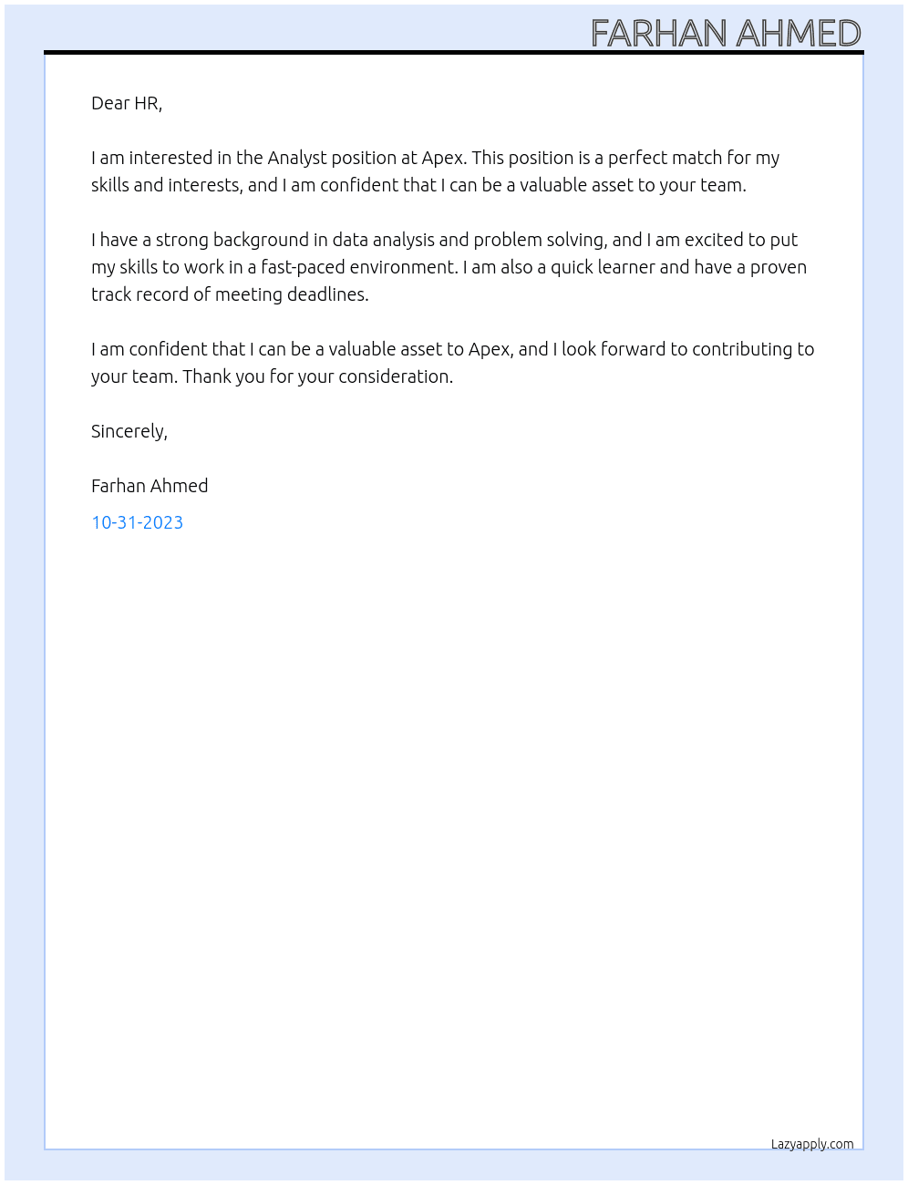 Analyst At Apex Cover Letter
