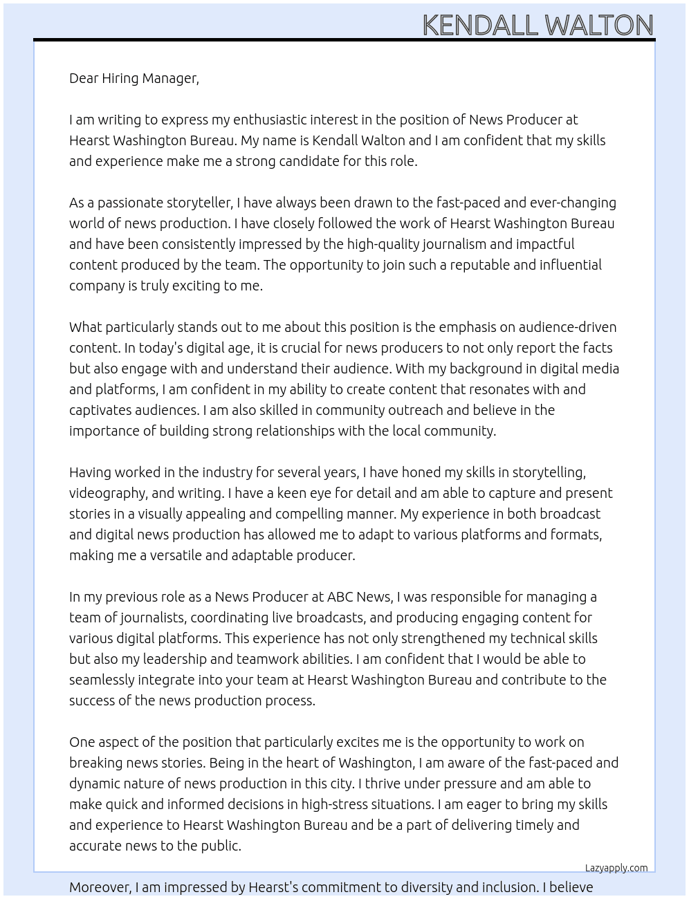 News Producer At Hearst Washington Bureau Cover Letter
