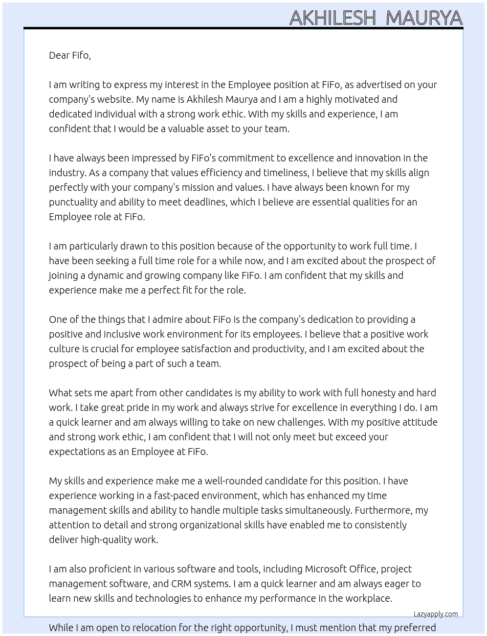 Employee  At FiFo Cover Letter