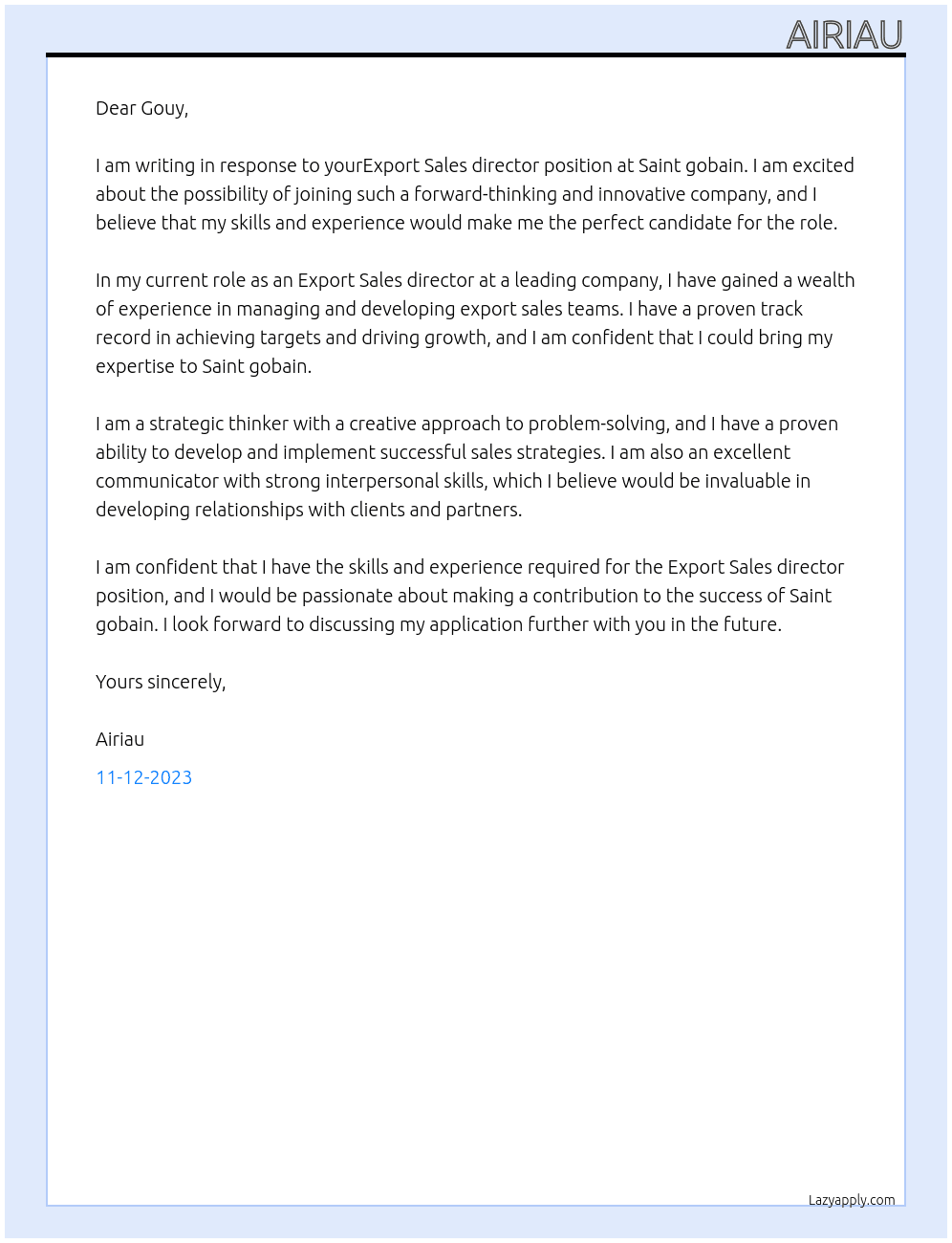 Export Sales director At Saint gobain Cover Letter