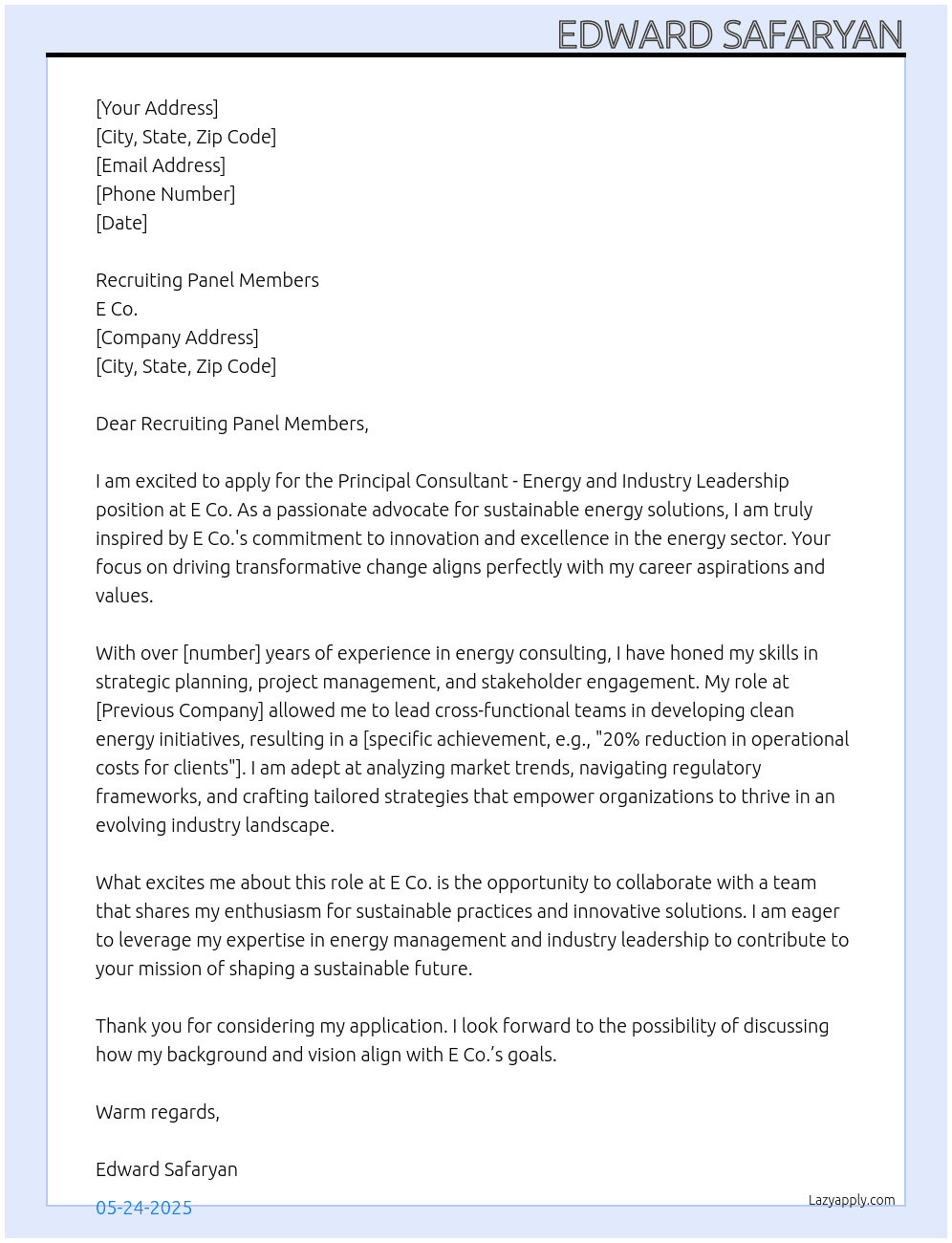 Principal Consultant - Energy and Industry Leadership At E Co. Cover Letter