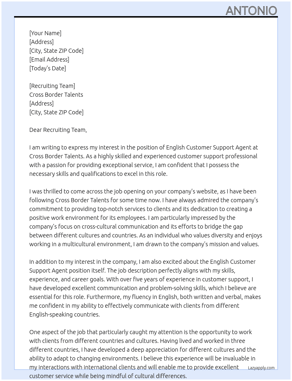 English Customer Support Agent At Cross Border Talents Cover Letter