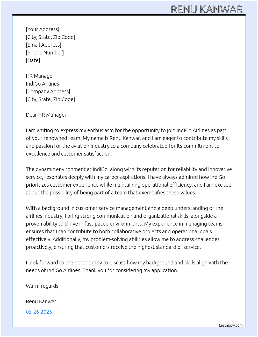 Airlines  At Indigo  Cover Letter