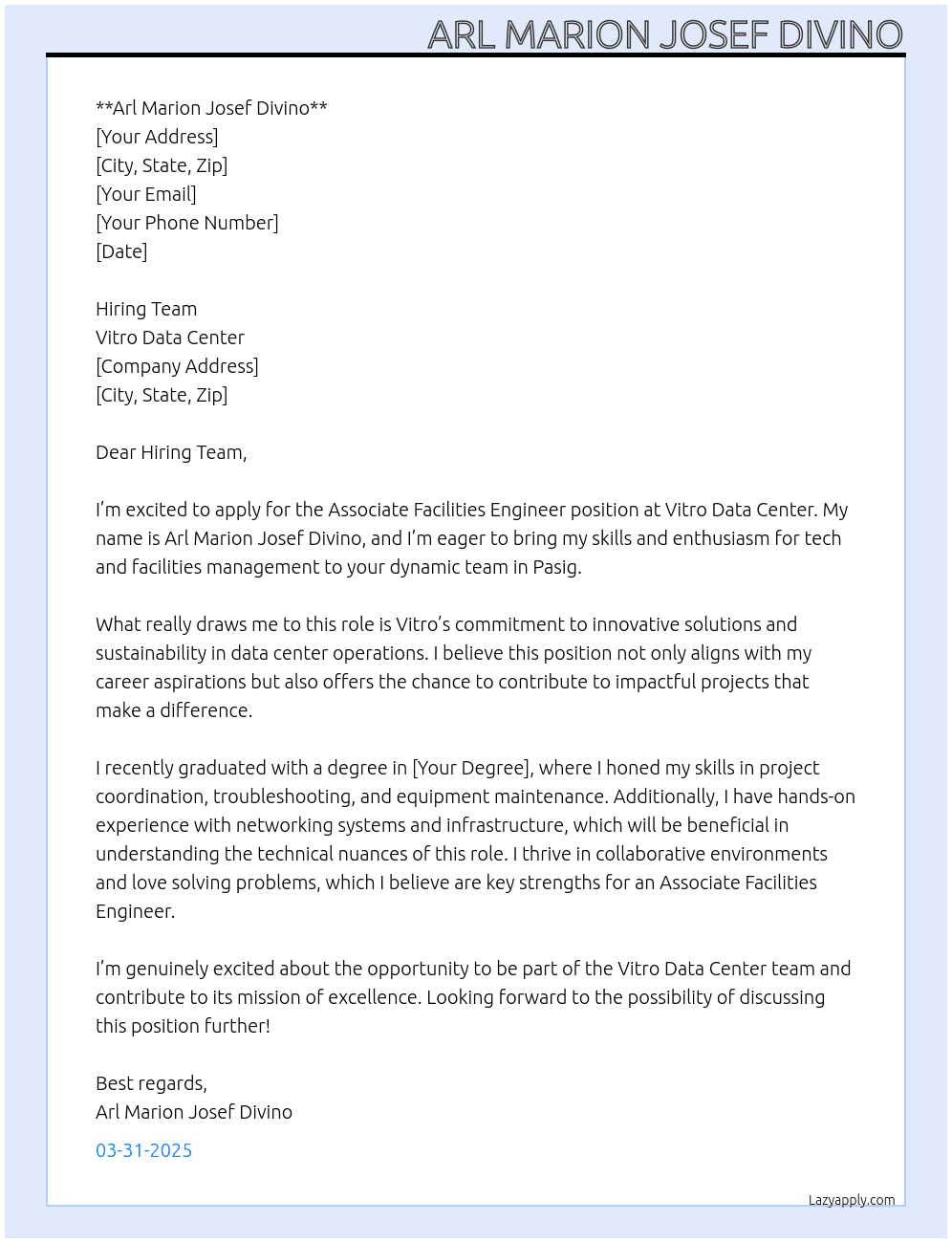 Associate Facilities Engineer - VITRO Pasig / Junior Network Implementation Engineer At Vitro Data Center Cover Letter